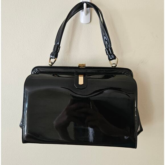 Vintage 1950s Small Black Patent Leather Handbag Gold Mod Rockabilly - Picture 1 of 9